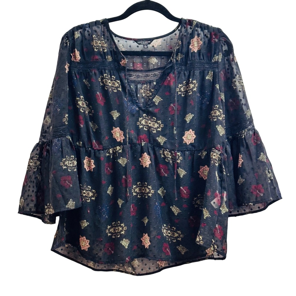 Lucky Brand‎ Black Floral Clip Dot Boho Blouse Tiered Bell Sleeve Tassel Large